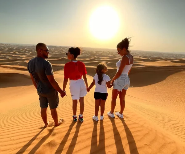 a family photo with sunset in desert